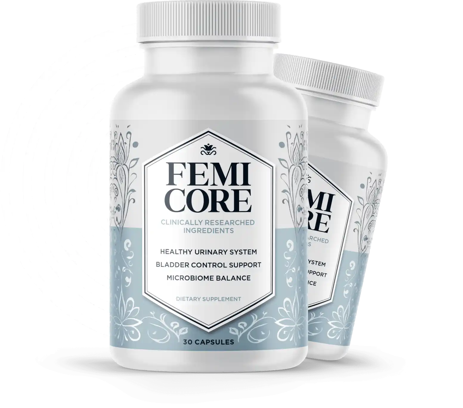 Two FemiCore supplement bottles with pale blue labels
